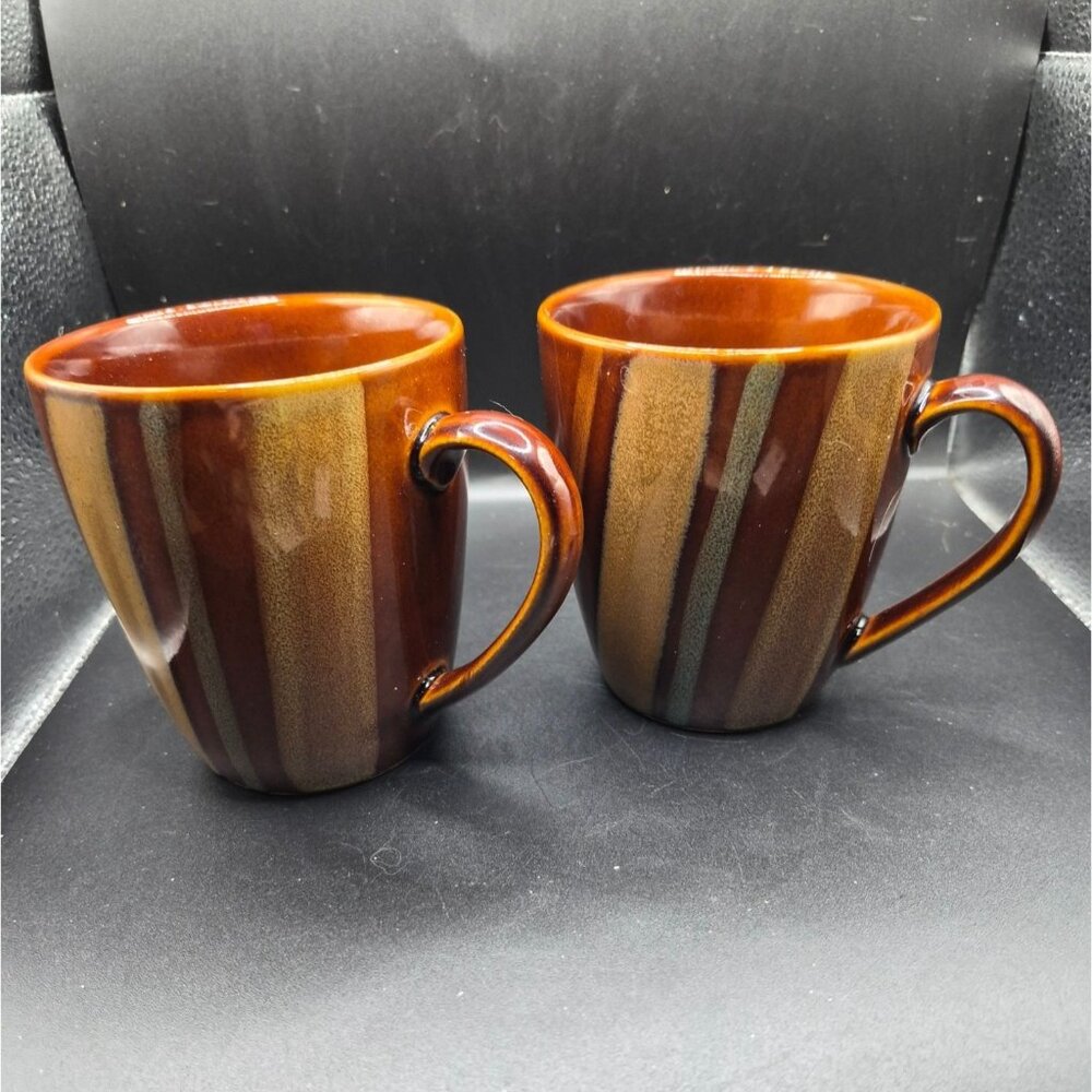 Sango Avanti Brown Ceramic Mugs Set Of 2 Discontinued Striped Rustic 12 oz